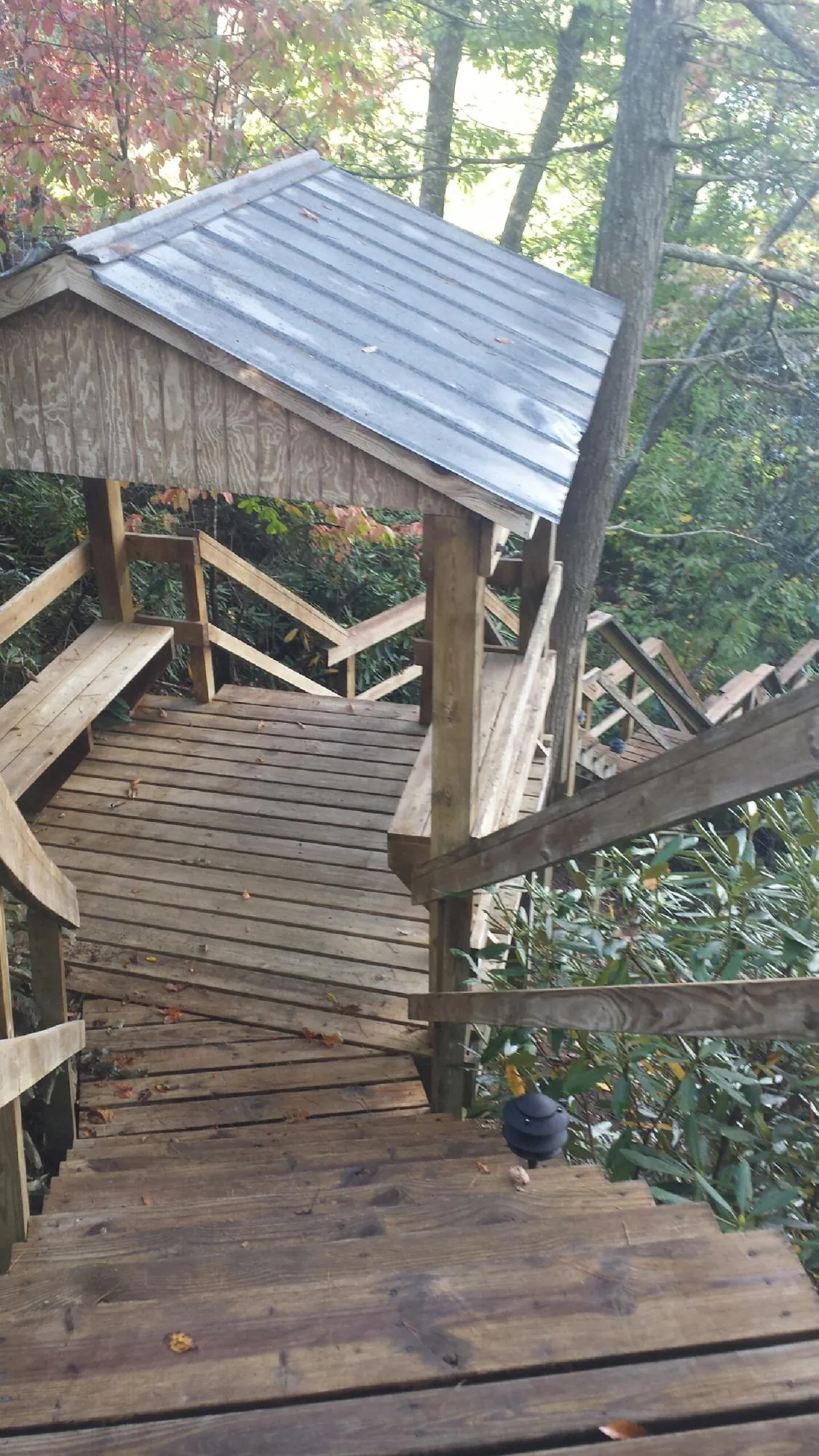 Metal roofed shelter over wooden steps on a wooded walkway — Skylight Repair & Installation work by our crew in Bear Creek